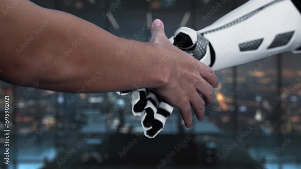 Poster a dynamic scene showcasing the collaboration between a human hand and a robotic hand within a futuri