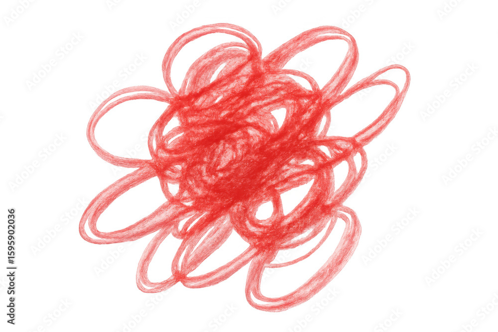 Poster vibrant red pencil scrawling curving abstract pattern, transparent backdrop highlighting artistic co