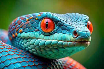 Fototapeta premium Close up of a Vibrant Turquoise and Orange Snake with Intense Eyes