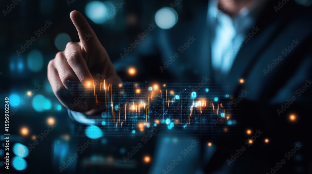 Aufkleber navigating the financial cosmos: a person's hand points to a digital display of financial data, set 