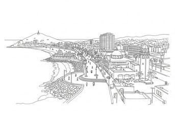 Malecon, Mazatlan (Malecón) in Mexico one line drawing style