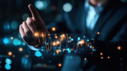 Navigating the Financial Cosmos: A person's hand points to a digital display of financial data, set against a dark backdrop with bokeh effects.