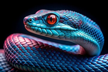 Fototapeta premium Vibrant Snake with Red Eyes Coiled on Black Background Close Up