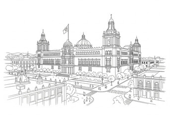 National Palace (Palacio Nacional) in Mexico one line drawing style