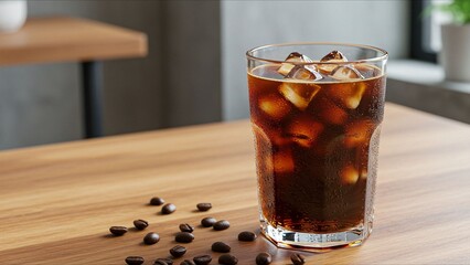 Iced Coffee with Beans on Wooden Table