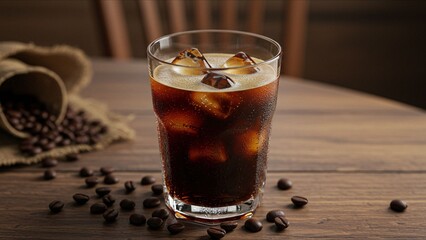 Iced Coffee with Beans on Wooden Table
