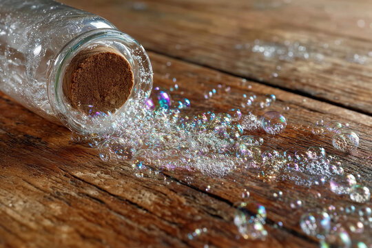 
Bubble solution spilled on a wooden table 