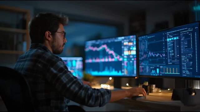 A retail investor analyzing Bitcoin (BTC) market charts in a professional home office setup, representing self-directed investment.