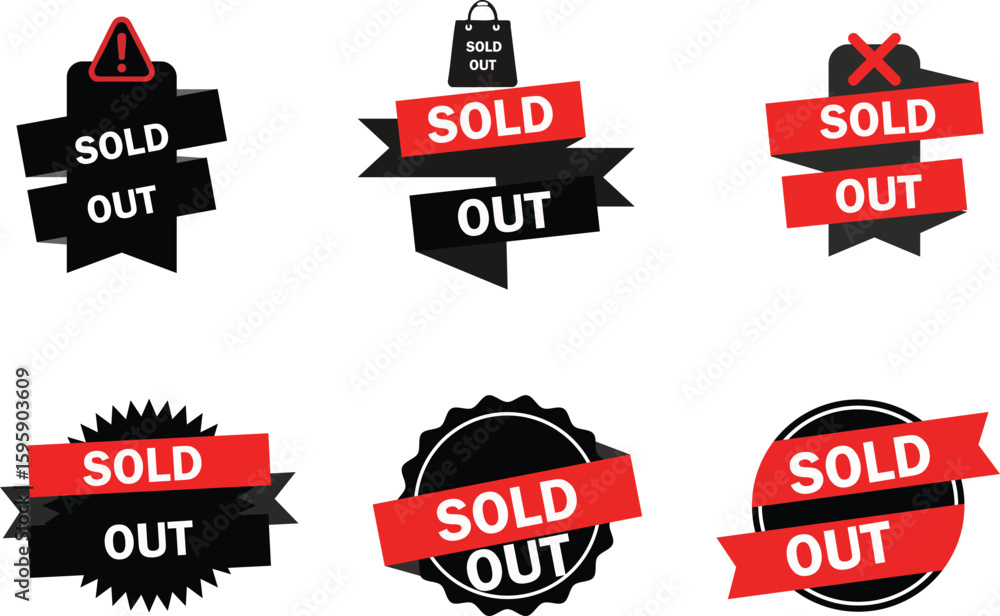 Fototapete a collection of six sold out signs with different shapes and red and black color schemes displayed c