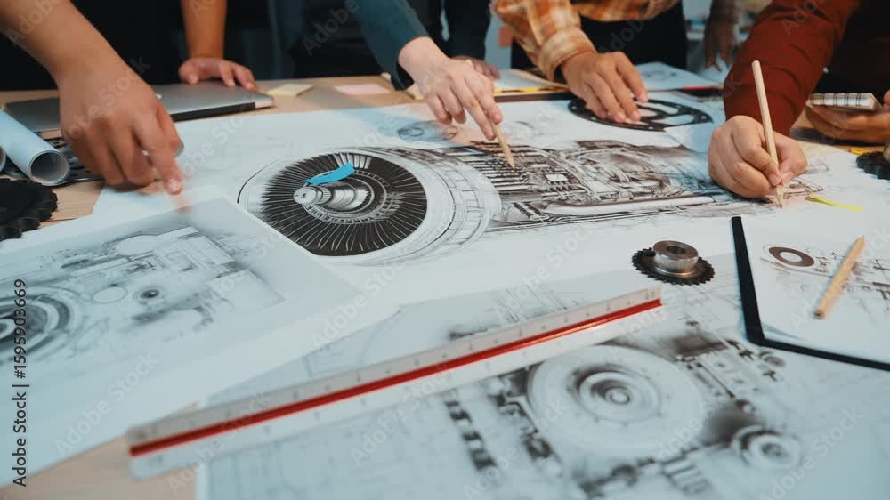 Poster a dynamic scene of engineers collaborating on intricate technical drawings and blueprints, showcasin