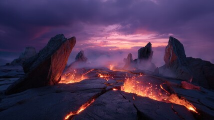 Fototapeta premium Volcanic Rock Formations at Sunset with Fiery Lava Flow