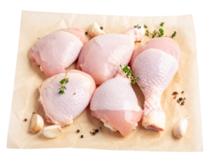 Raw Chicken Thighs on Butcher Paper with Seasoning Ingredients, Side View, Transparent Background