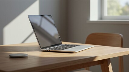 Fototapeta premium Laptop on Wooden Desk in Sunlit Room