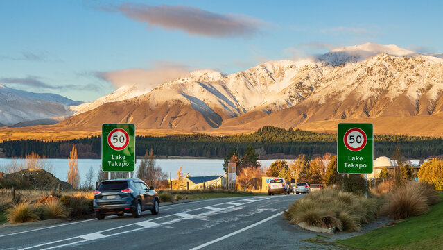 The entrance to Lake Tekapo, a town in the South Island of New Zealand