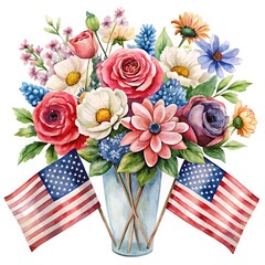 Obraz premium Vase with a bouquet of flowers and two american flags