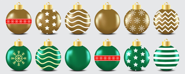 Christmas Tree with Lights and Christmas balls set with snowflakes pattern and in white isolated background for holiday season ornament decoration, Realistic Xmas glass ball in blue, green, gold, red.