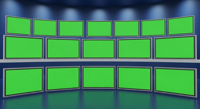 A studio with multiple green screen monitors arranged in rows on a blue background and shiny floor