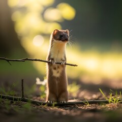 A curious stoat stands upright, holding a twig, in a sunlit forest clearing.