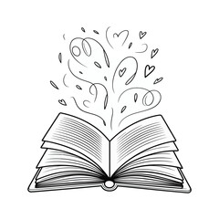 Open Book with Hearts and Swirls Black and White Illustration