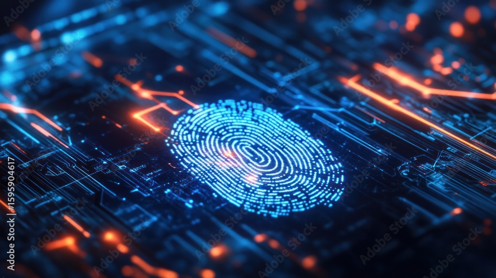 Poster cyber security fingerprint: a luminous digital fingerprint sits at the heart of a high-tech circuit 