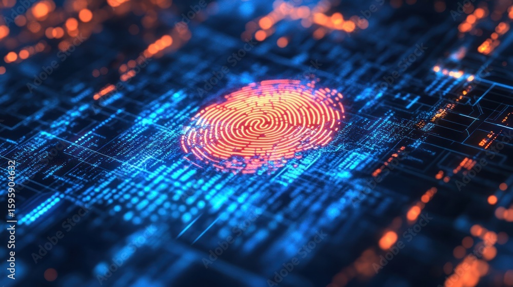Poster digital security and privacy: an intricately rendered fingerprint is illuminated against a vibrant c