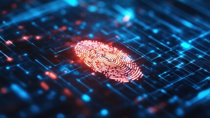 Cybersecurity Fingerprint: A digital fingerprint glows amidst an intricate circuit board, symbolizing the ever-evolving landscape of data security and identification, capturing essence of security.