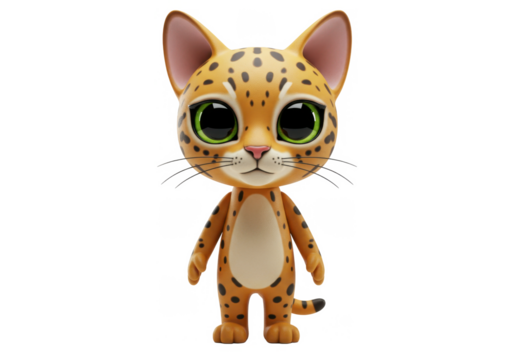 Cartoonish, spotted cat character, standing, facing forward, with large eyes.