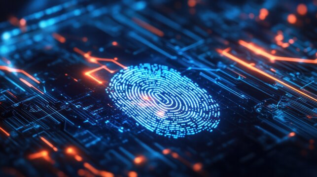 Cyber Security Fingerprint: A luminous digital fingerprint sits at the heart of a high-tech circuit board, radiating an aura of security and intricate technology.  - Powered by Adobe
