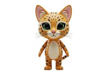 Cartoonish, stylized jaguarundi character, digitally rendered, full body shot, against white background.