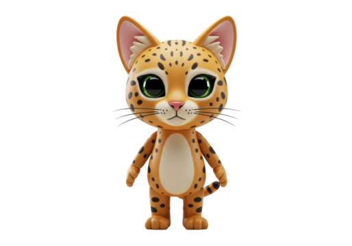 Cartoonish, stylized jaguarundi character, digitally rendered, full body shot, against white background.