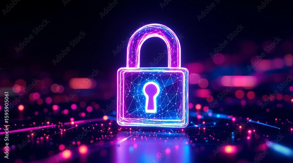 Poster a digital padlock glowing with neon colors on a dark background with bokeh lights and reflections