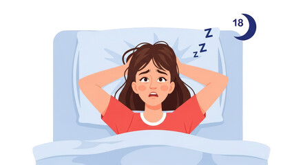 Detailed illustration related to woman awake in bed insomnia, including elements like Medical, Sleepless, Design, Anxiety.