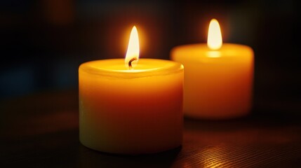 Candlelight Serenity: Two illuminated candles cast a warm, golden glow against a dark background, creating a peaceful ambiance of tranquility and warmth.