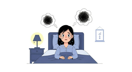 Detailed illustration related to woman crying in bed anxiety, including elements like Upset, Stress, Challenge, Worry.