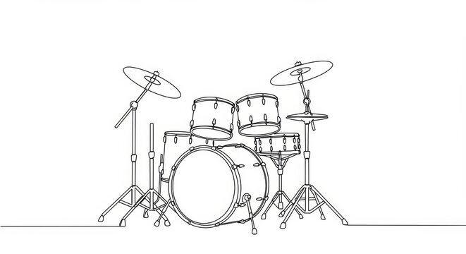 Elegant minimalist line drawing of a drum set against a white background
