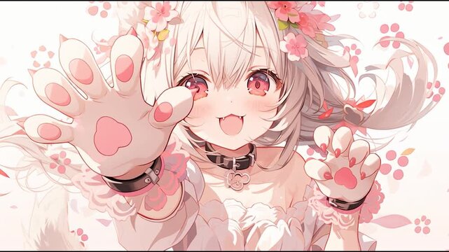 Cute anime cat girl with cherry blossoms and paw pose