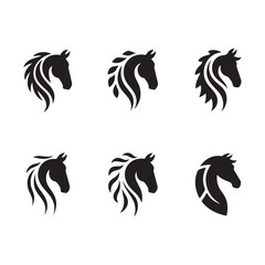 Obraz premium Collection of six black horse head silhouettes with stylized manes on a white background design set