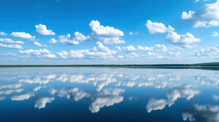 Sky Mirror's Reflections: A breathtaking scene where the sky meets the water's edge, creating a perfect mirror reflection of the fluffy clouds and vibrant blue hues.