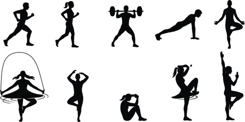 Silhouette Collection of Various Fitness Exercises and Activities