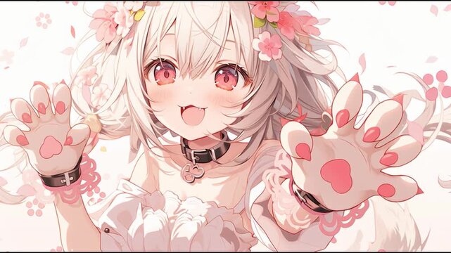 Cute anime cat girl with cherry blossoms and paw pose