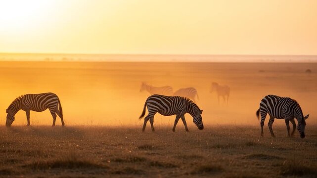 Zebras Grazing in Golden Light Across the African Savanna at Sunset