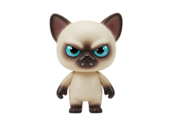 A beige and brown, stylized cat figurine with an angry expression.