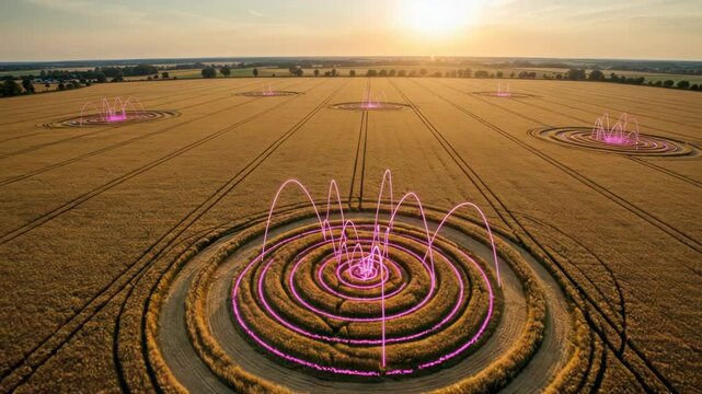 Pink illuminated crop circles in field