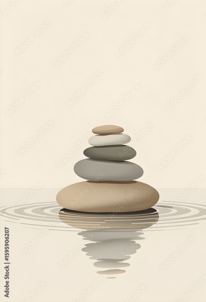 Poster a stack of smooth stones balanced, creating a zen-like composition with water ripples.