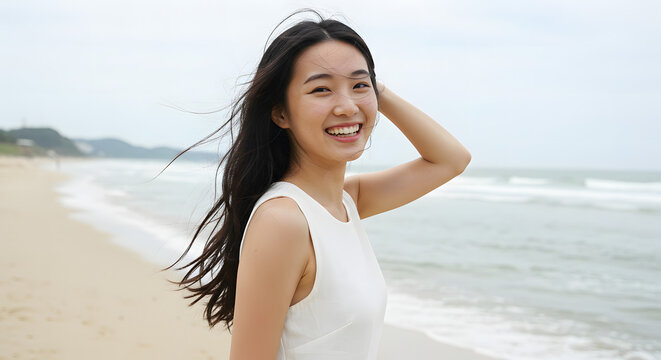 Smiling Asian woman enjoying summer vacation at the beach - Powered by Adobe