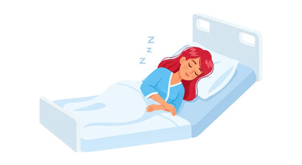 Detailed illustration related to woman sleeping peacefully in bed, including elements like Sleep, Dream, Cozy, Pillow.