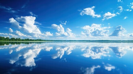 Obraz premium Sky Reflections: Witness the mesmerizing dance between the serene lake and the azure heavens above, where fluffy clouds gracefully mirror their forms.
