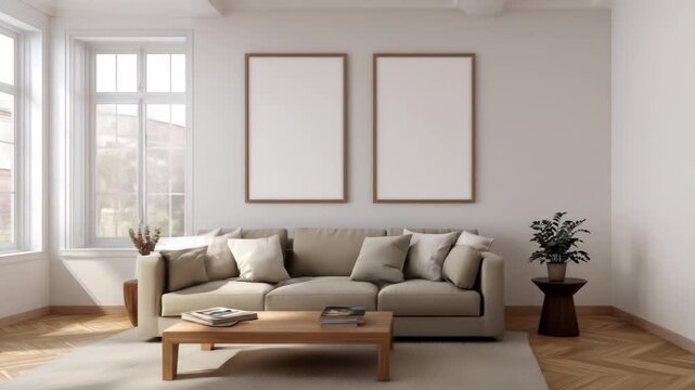 Modern living room with light beige couch, wooden coffee table, and two blank frames on a light gray wall