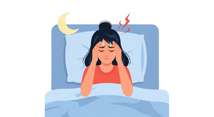 Illustration showing a scene of woman suffering headache in bed 2, featuring Ache, Fever, Health, Crying.