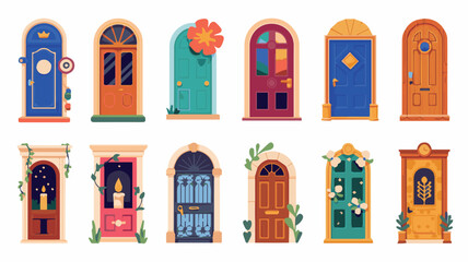 Colorful decorative doors vector illustration set collection front entrance designs architecture 100